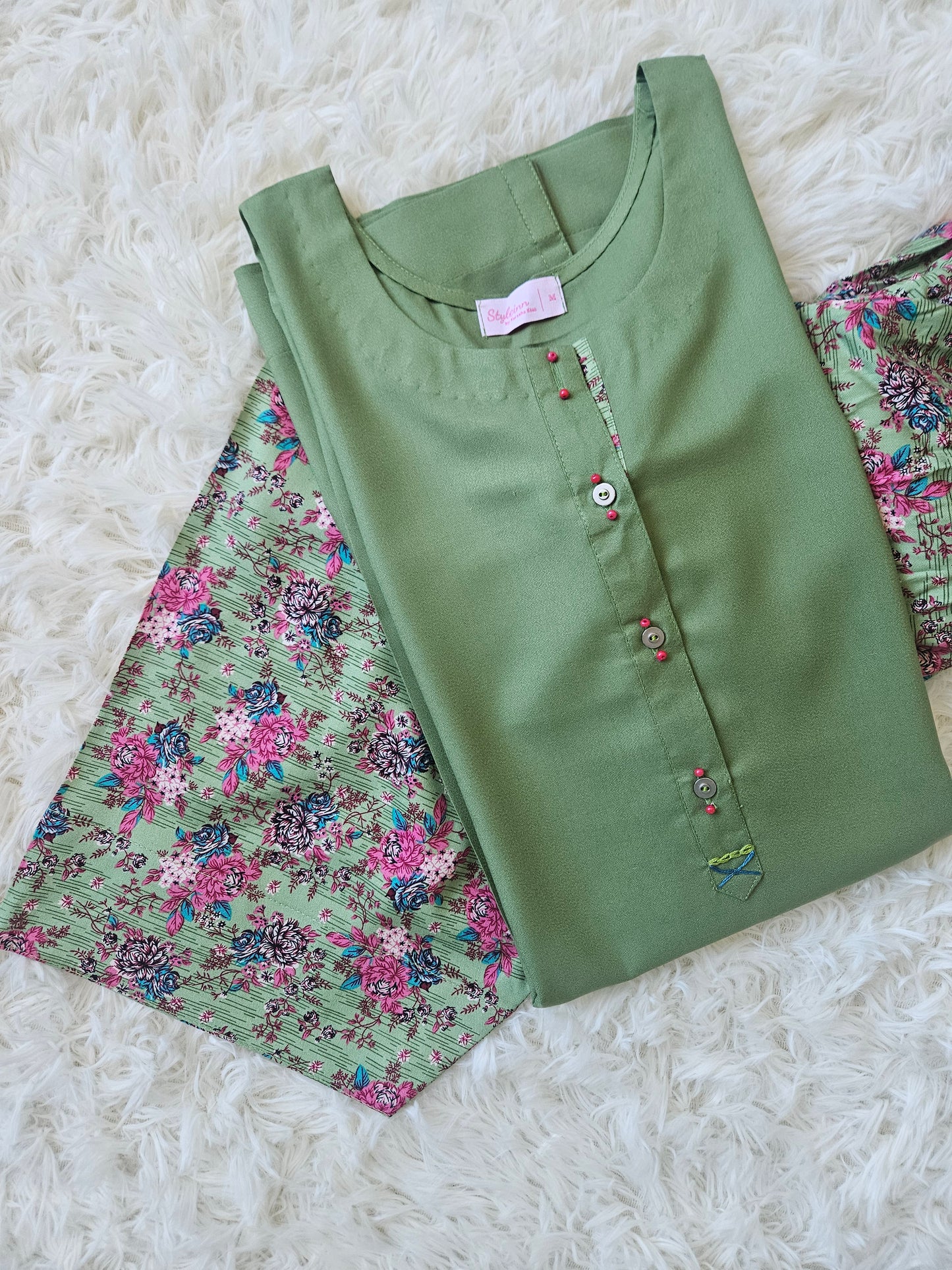 2-Piece Marina Solid Sage Green Kurta with Multi-Color Floral Shalwar
