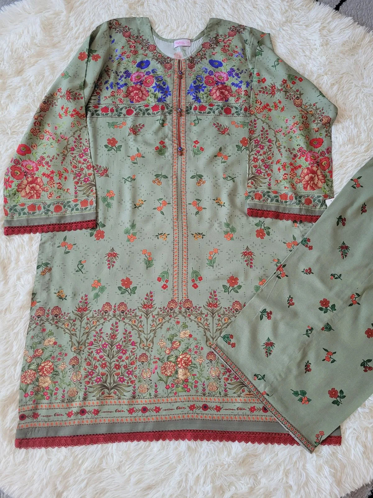 2 Pc Panel Printed Linen Suit - Green Multi-Color Floral Design