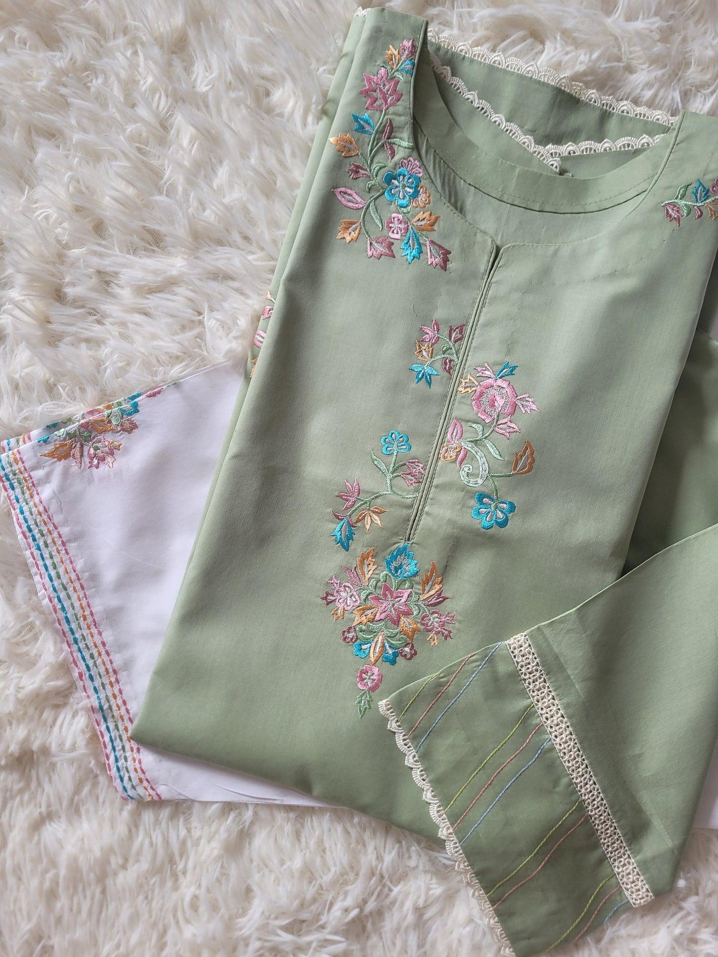 Green Bareeze & White: Embroidered Cotton Two-Piece Suit