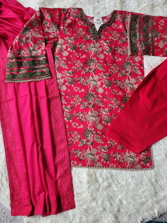 Fuchsia Bloom: Vibrant Printed Suit with Embroidered Accents