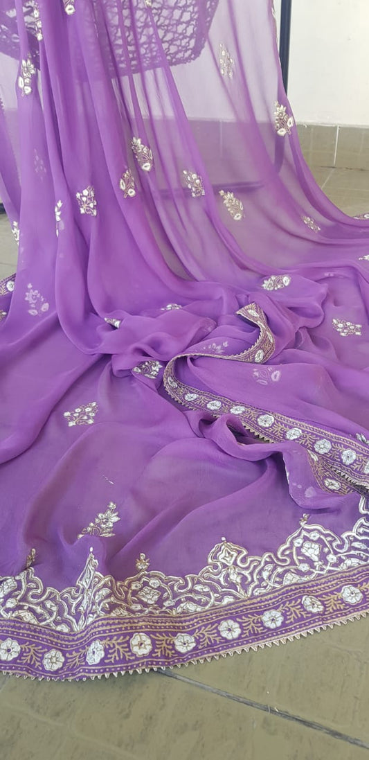 Lavender Sheer Dupatta (Hand Stamped Accents with Metallic Trim)
