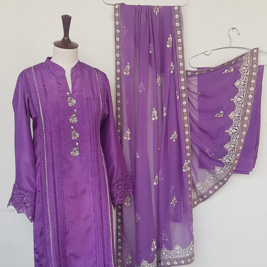 Regal Purple: Tassel Silk Suit with Block Printed Chiffon