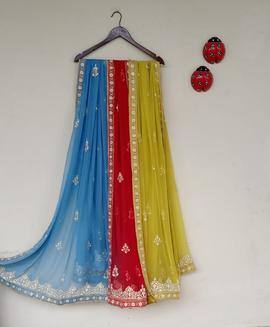 Multicolor Chiffon Dupattas with Hand Block Print & Gota Lace Trim