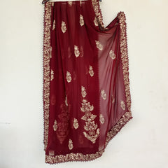 Deep Red Chiffon Dupatta (Hand Stamped Accents with Lace)