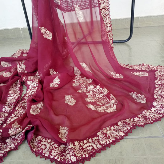 Deep Red Chiffon Dupatta (Hand Stamped Accents with Lace)