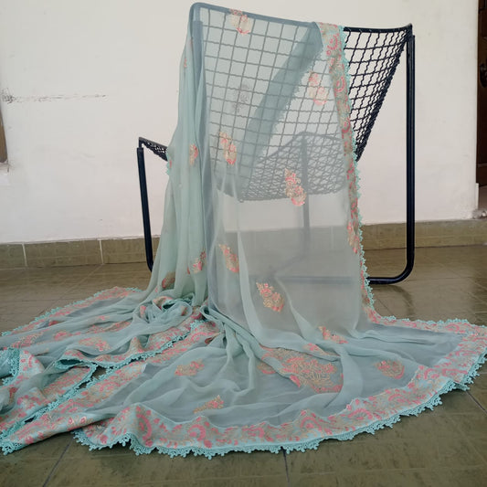 Powder Blue Chiffon Dupatta with Pink & Gold Hand Block Print and Lace Trim