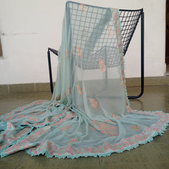 Powder Blue Chiffon Dupatta with Pink & Gold Hand Block Print and Lace Trim