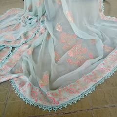 Powder Blue Chiffon Dupatta with Pink & Gold Hand Block Print and Lace Trim