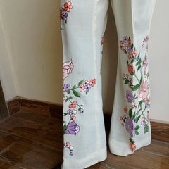 Ivory Bloom Korean Rawsilk Embroidered Bell Bottoms