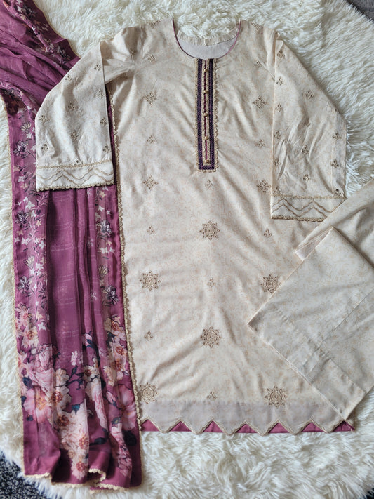 Iznik Opulence: Embroidered Beige Suit with Rich Plum Dupatta