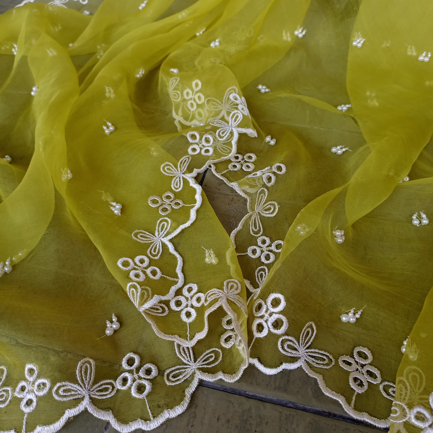 Artisan Lemon Green Organza Dupatta with White Embroidery