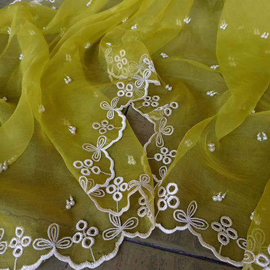 Artisan Lemon Green Organza Dupatta with White Embroidery