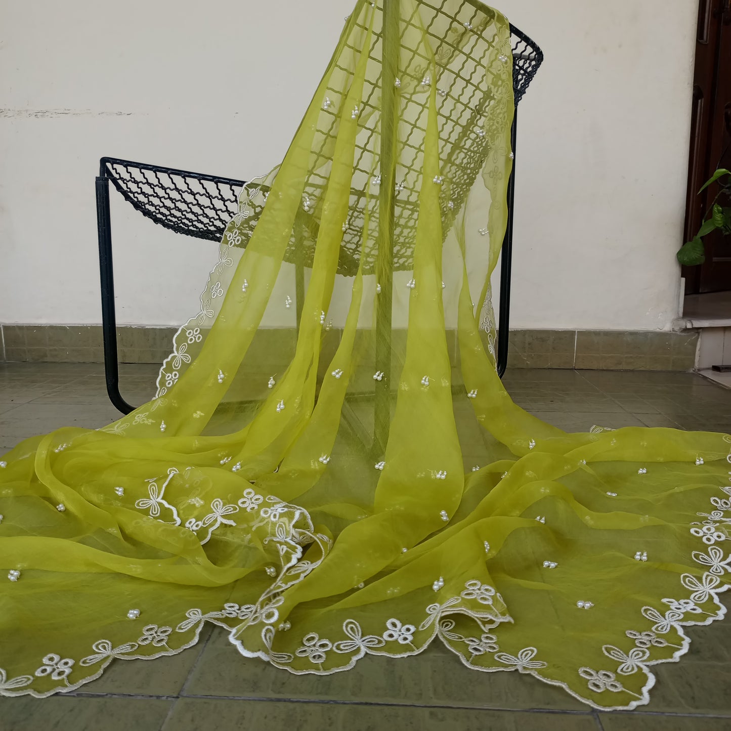 Artisan Lemon Green Organza Dupatta with White Embroidery
