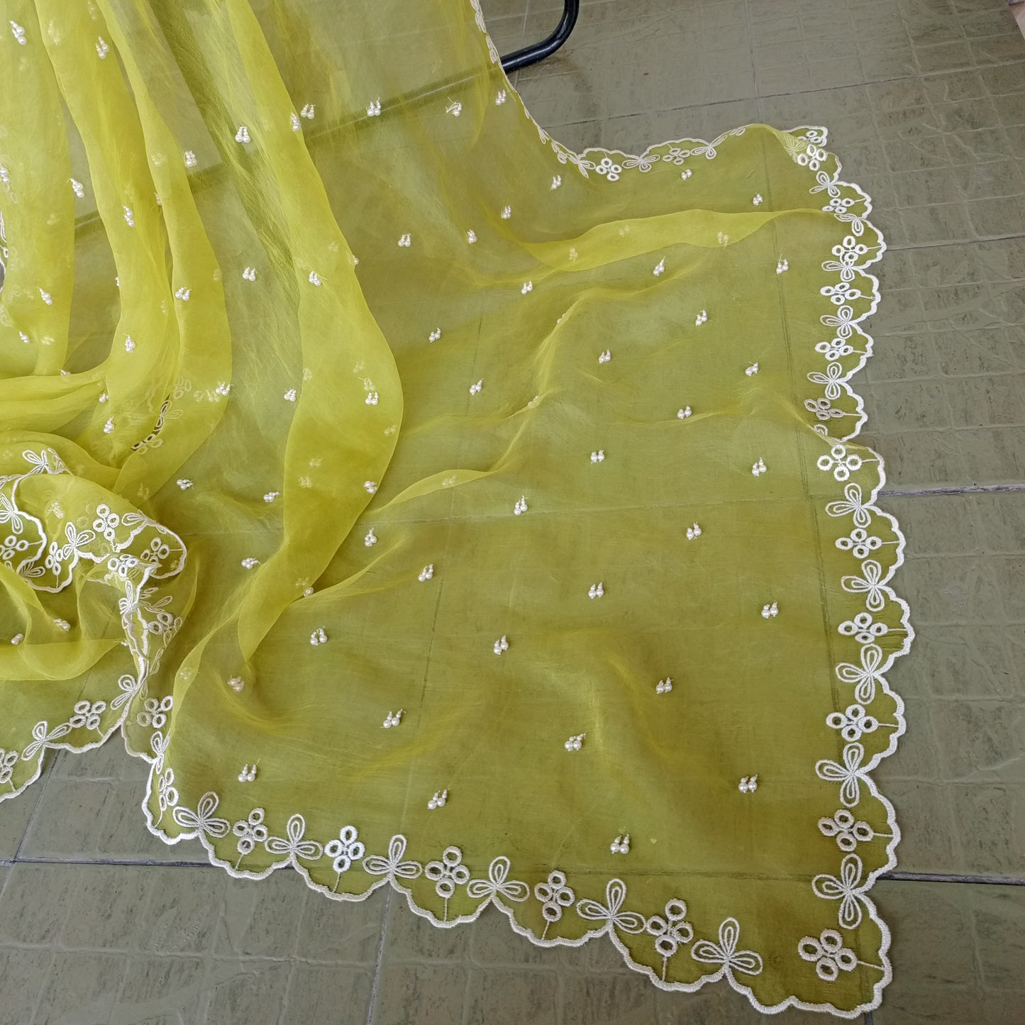 Artisan Lemon Green Organza Dupatta with White Embroidery