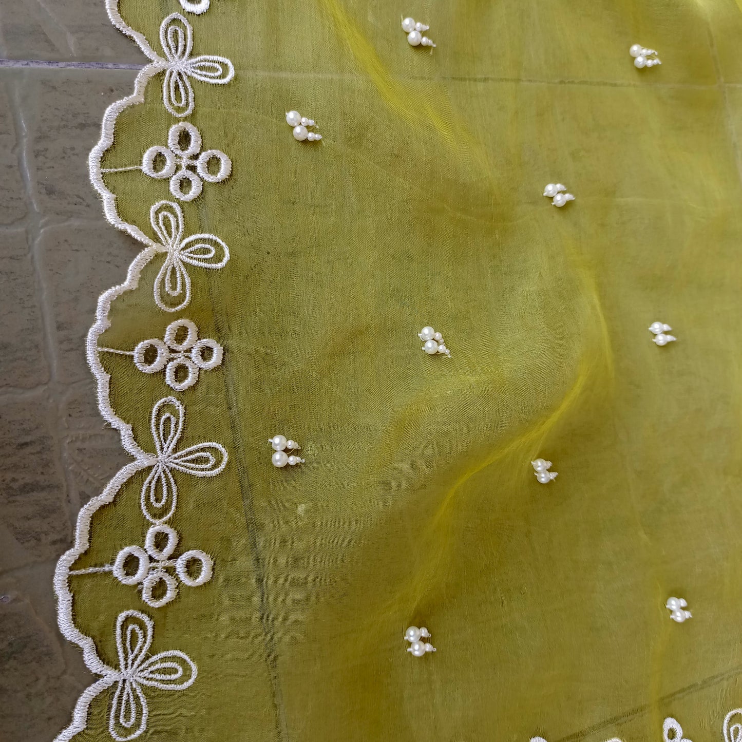 Artisan Lemon Green Organza Dupatta with White Embroidery