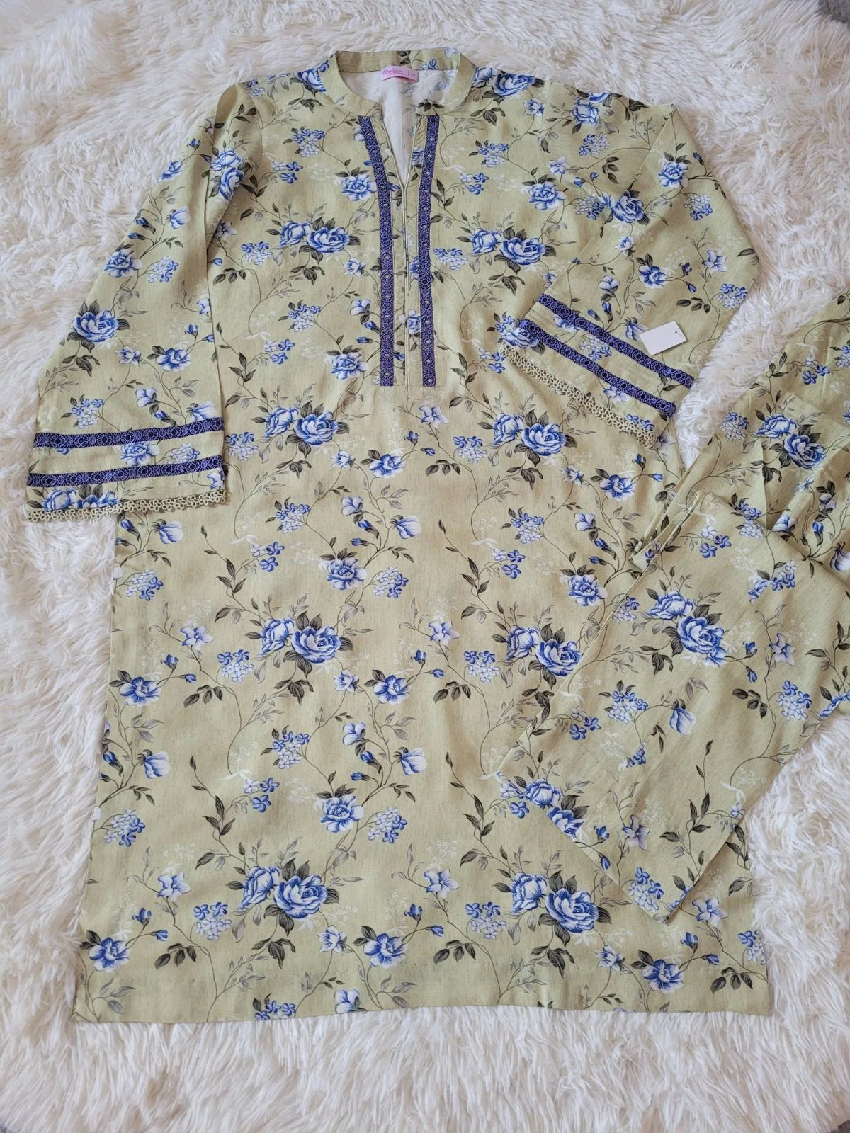 Lime Yellow with Blue Floral Print Kurta and Trouser