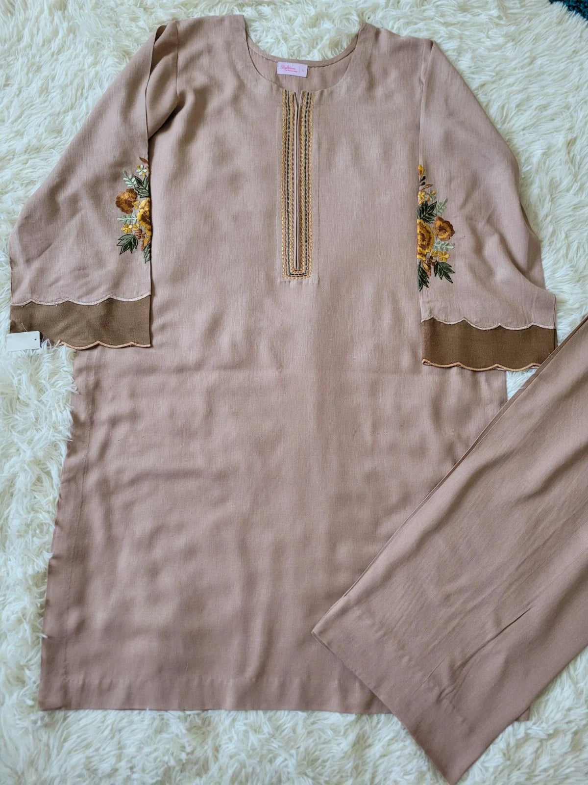 Embroidered Irish Linen Suit - Light Taupe Kurta with Floral Sleeves