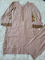 Embroidered Irish Linen Suit - Light Taupe Kurta with Floral Sleeves