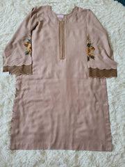 Embroidered Irish Linen Suit - Light Taupe Kurta with Floral Sleeves