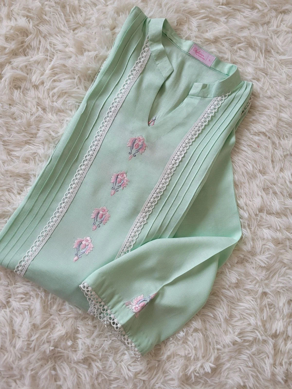 Embroidered Irish Linen Suit - Mint Green Pintuck Kurta with Trousers