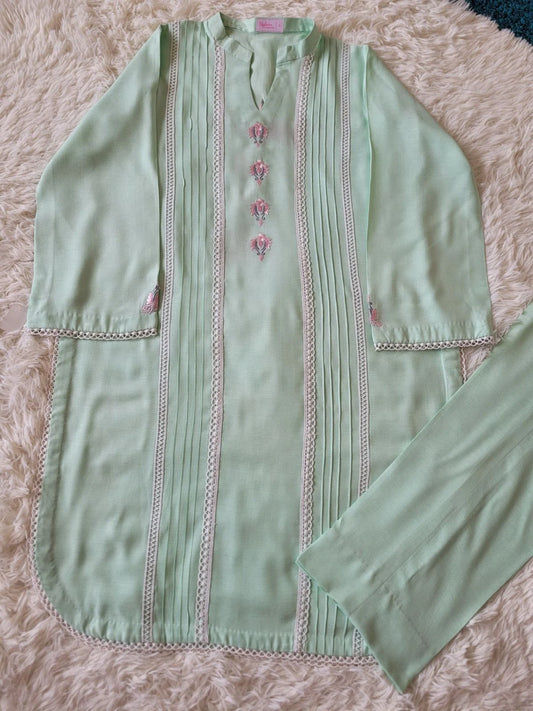 Embroidered Irish Linen Suit - Mint Green Pintuck Kurta with Trousers