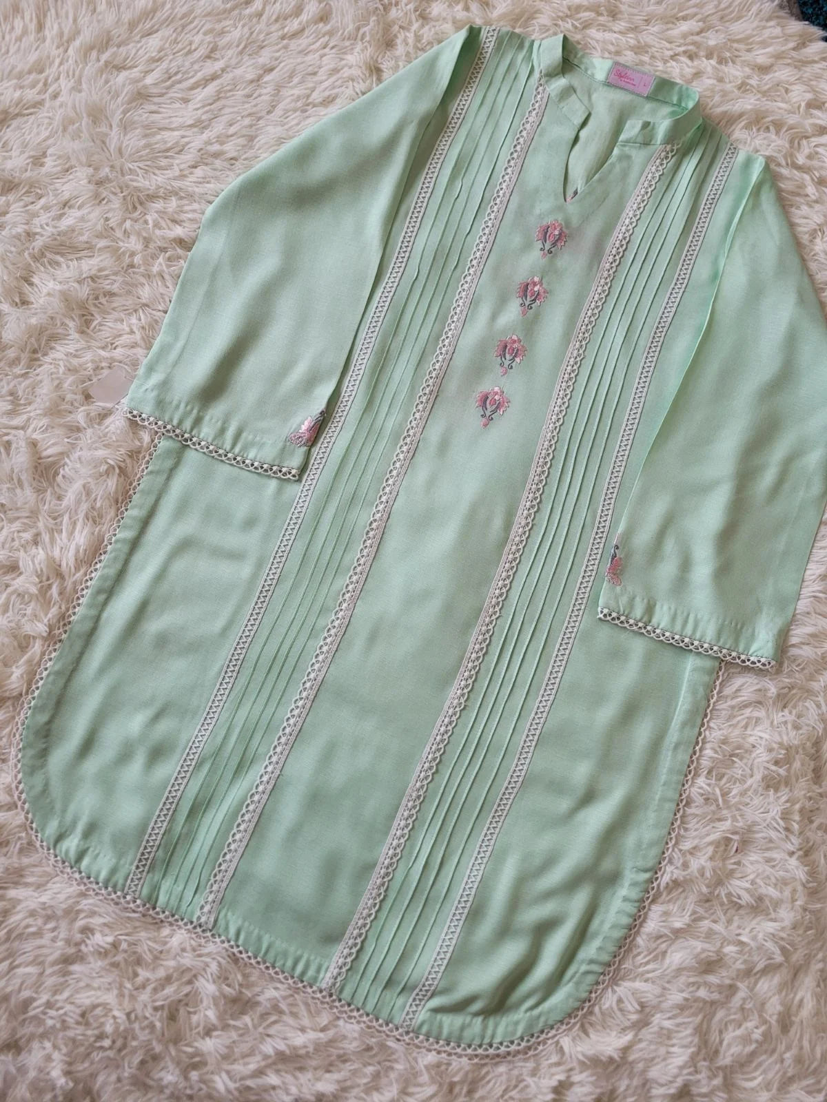 Embroidered Irish Linen Suit - Mint Green Pintuck Kurta with Trousers