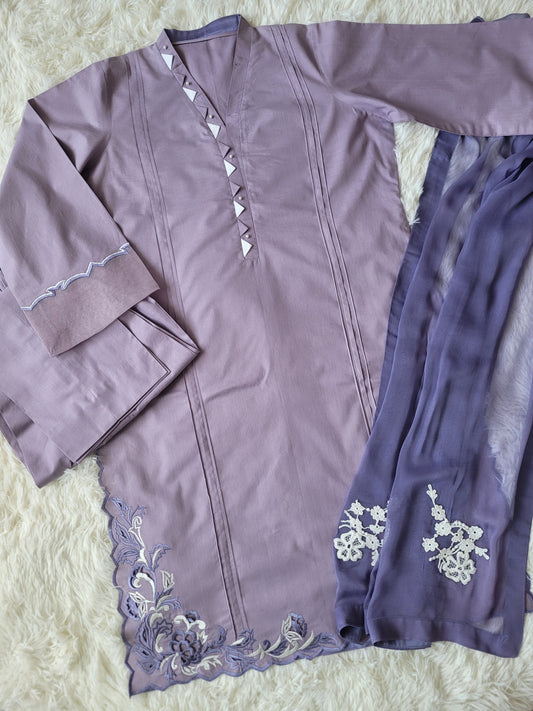 Lilac Bloom Embroidered Cambric Suit with Cutwork Detail