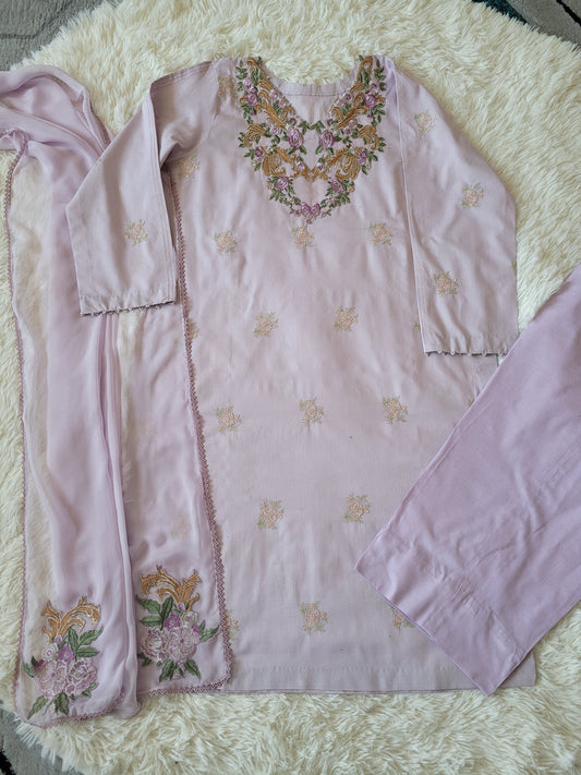 Lilac Garden: Multi-Embroidered Suit with Coordinating Dupatta