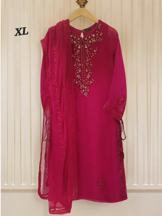 Agha Noor Magenta Gold Embellished Chiffon Dress