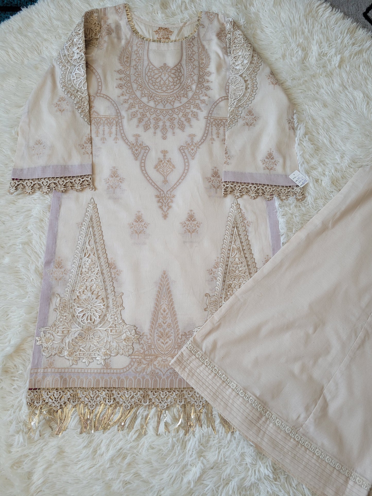 Maria B. Grandeur Ivory Embroidered Lawn Jacquard Shirt with Printed Chiffon Dupatta and Cotton Trouser