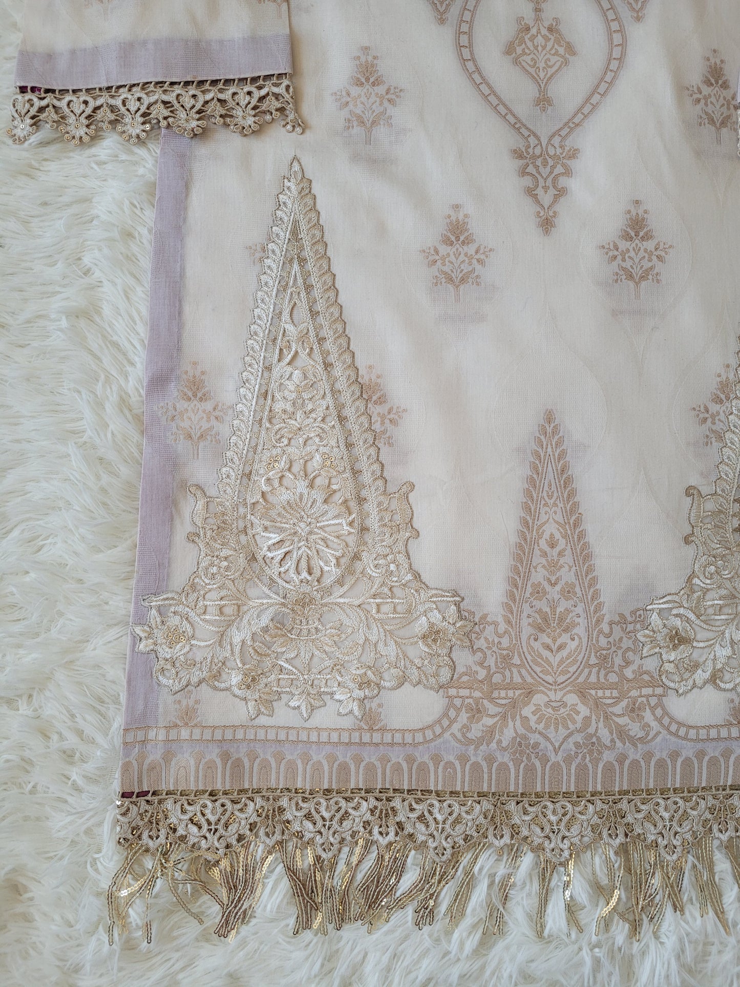 Maria B. Grandeur Ivory Embroidered Lawn Jacquard Shirt with Printed Chiffon Dupatta and Cotton Trouser