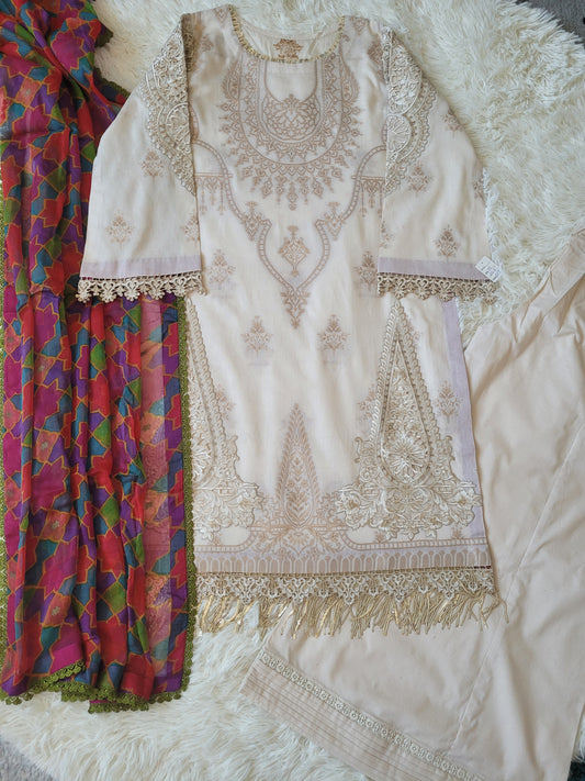 Maria B. Grandeur Ivory Embroidered Lawn Jacquard Shirt with Printed Chiffon Dupatta and Cotton Trouser