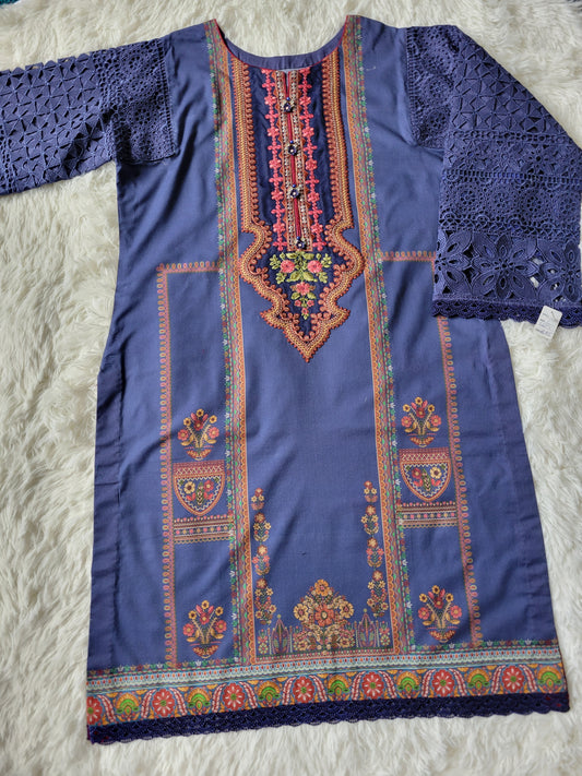 Maria B. Indigo Canvas Embroidered Lawn Suit with Chikankari Sleeves & Geometric Print Chiffon Dupatta