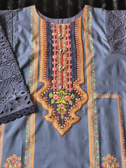Maria B. Indigo Canvas Embroidered Lawn Suit with Chikankari Sleeves & Geometric Print Chiffon Dupatta