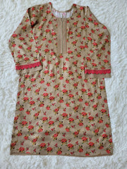 2 PC Printed Marina Suit - Brown Floral Kurta with Solid Trousers