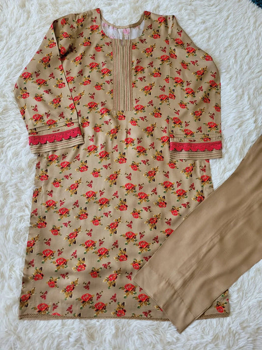 2 PC Printed Marina Suit - Brown Floral Kurta with Solid Trousers