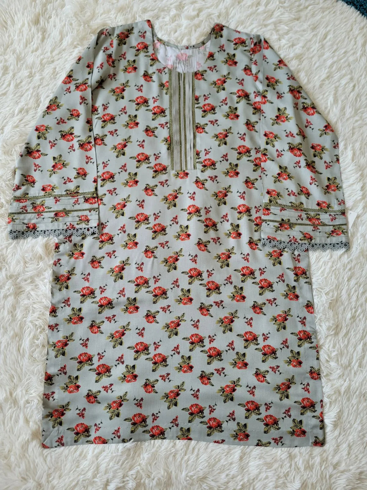 2 Pc Printed Marina Suit - Grey Floral Kurta with Solid Trousers