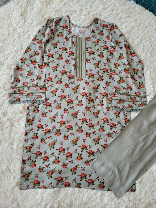 2 Pc Printed Marina Suit - Grey Floral Kurta with Solid Trousers