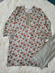 2 Pc Printed Marina Suit - Grey Floral Kurta with Solid Trousers