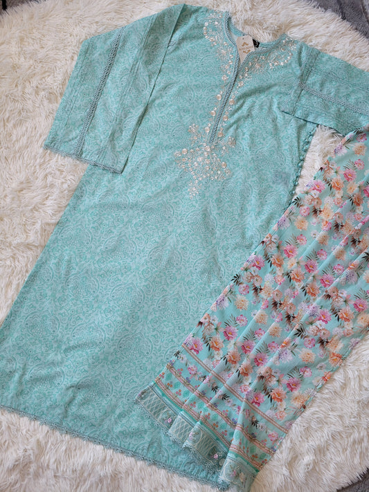 Mint Whisper: Embroidered lawn shirt with printed dupatta