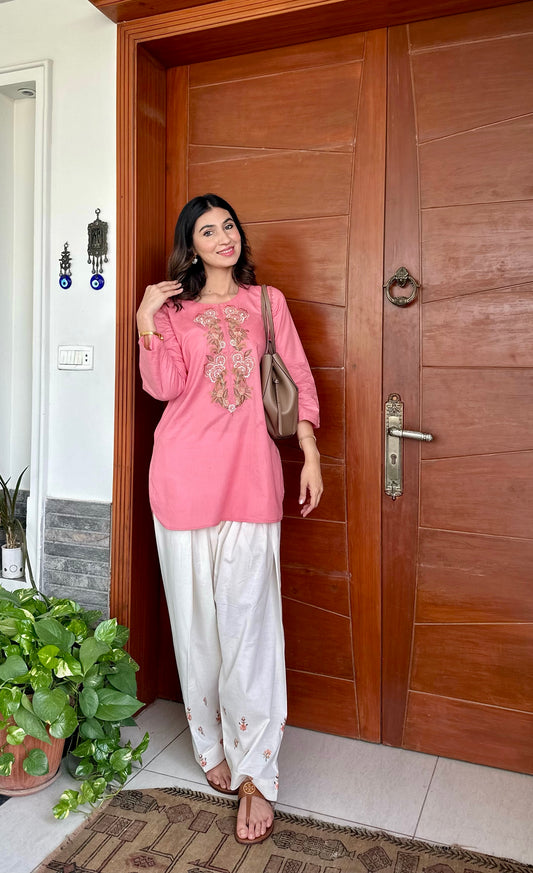 Coral Peach Embroidered Kurta with Embroidered Shalwar - 2pc