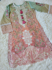 Mushq Ombre Radiance: Artfully Embroidered Suit with Contrasting Prints