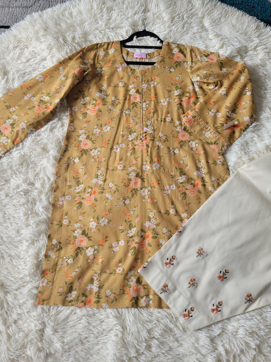 Mustard Ochre: Printed 2-Piece Suit with Embroidered Trousers