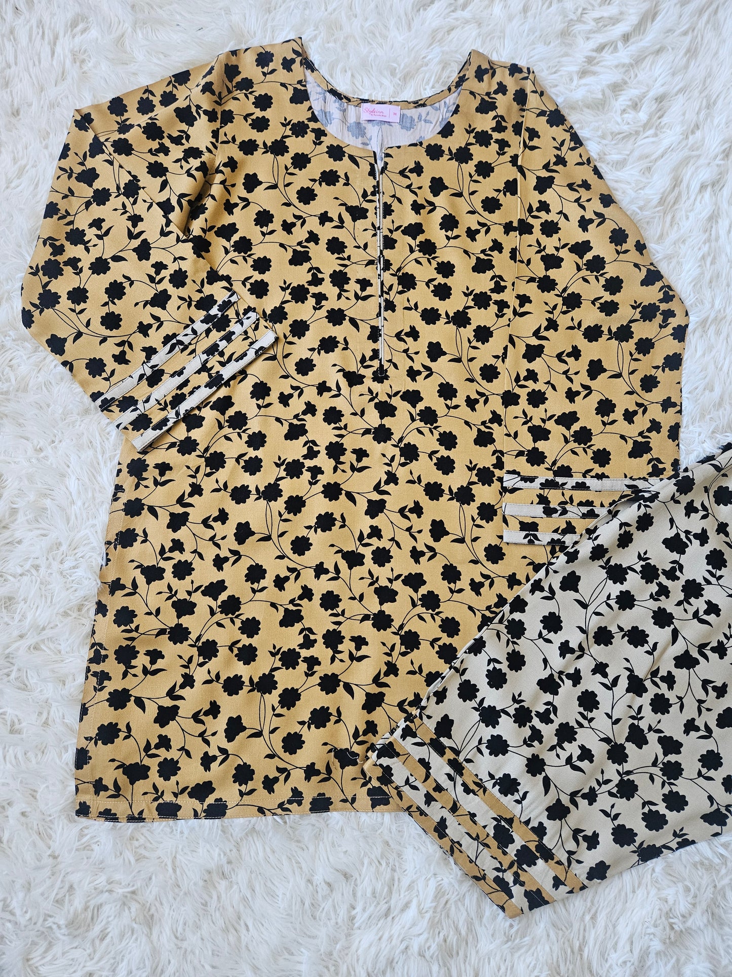 2-Piece Printed Marina Mustard & Black Floral Kurta with Coordinated Shalwar