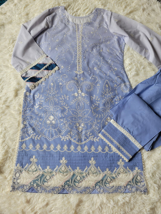 Noor by Saadia Asad Azure Bloom Embroidered Lawn Suit with Printed Chiffon Dupatta
