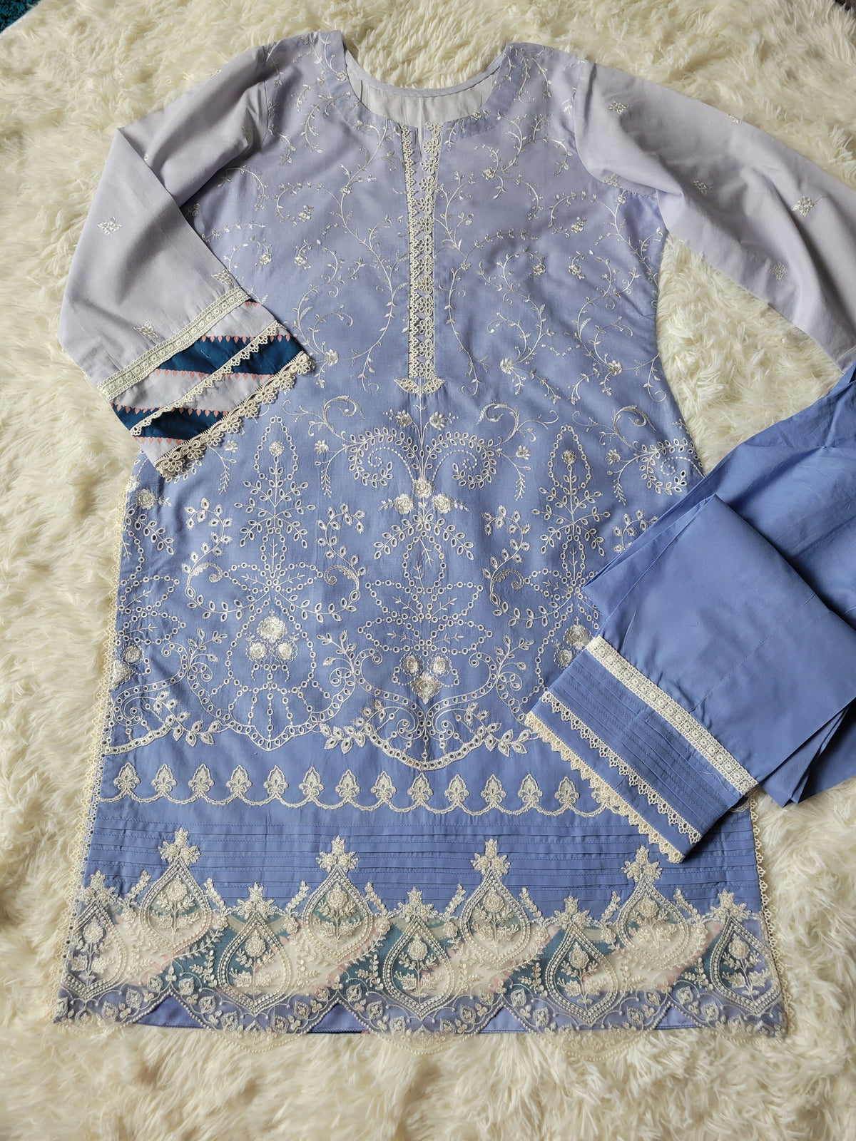 Noor by Saadia Asad Azure Bloom Embroidered Lawn Suit with Printed Chiffon Dupatta