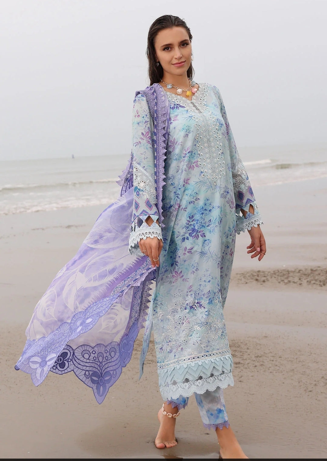 Nureh Aqua Reverie: Embroidered Printed Suit with Lavender Ombre Dupatta