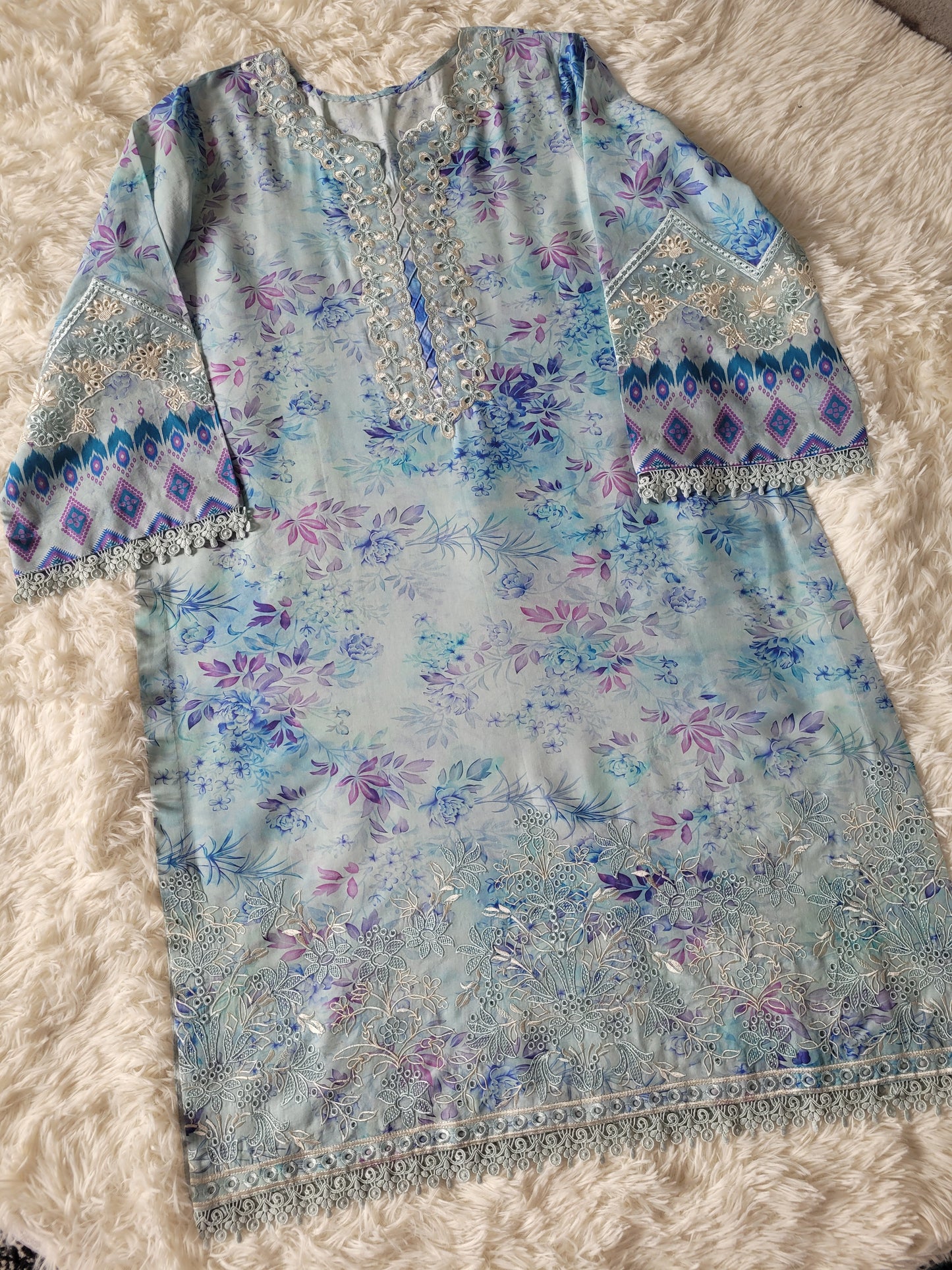 Nureh Aqua Reverie: Embroidered Printed Suit with Lavender Ombre Dupatta