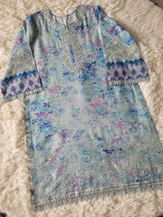 Nureh Aqua Reverie: Embroidered Printed Suit with Lavender Ombre Dupatta