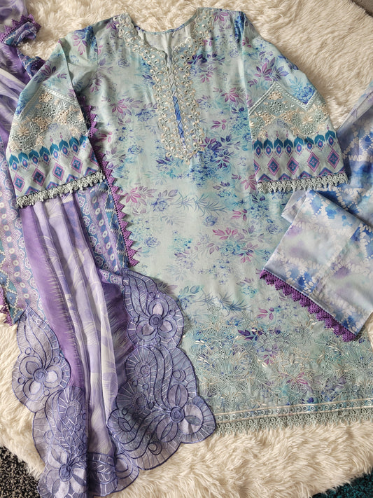 Nureh Aqua Reverie: Embroidered Printed Suit with Lavender Ombre Dupatta